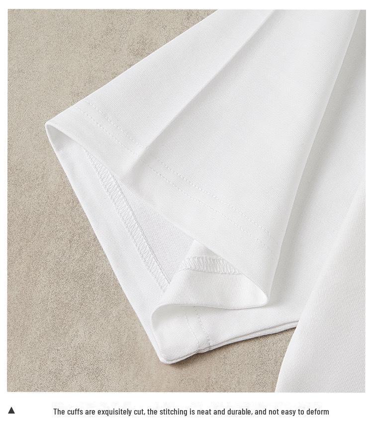 T-shirt bianca girocollo larga da 230g in puro cotone pesante con design versatile e logo stampato personalizzato.