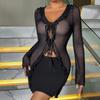 European and American Women's Clothing New Long-sleeved Straps Perspective Mesh Stitching Ruffle Edge Sexy Hot Girls Hip-wrapped Dress