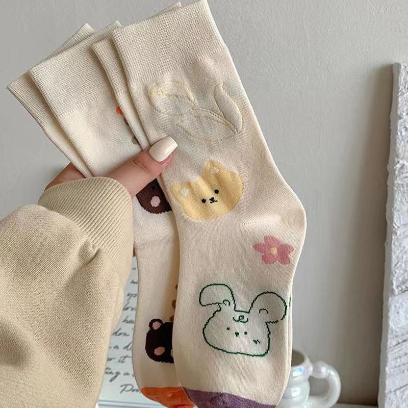 Cute Cartoon Print Women Cotton Socks Spring Autumn Soft Sweet Floral Middle Tube Sock JK Korean Harajuku Girls Socks Sokken