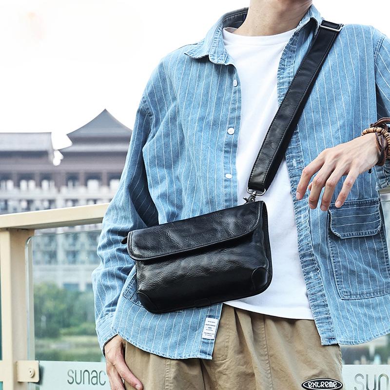 Street Trend Men's Shoulder Bag Leather Bag Men's Top Layer Cowhide Crossbody Bag Genuine Leather Casual Crossbody Bag Black Men's Bag