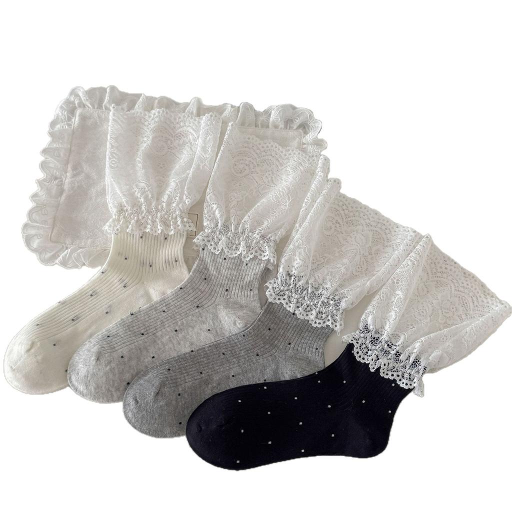 Lace Socks Women'S Spring And Summer Thin Ballet Storm Point Mid-Tube Cotton Socks Miu Series Versatile Breathable Stacking Socks
