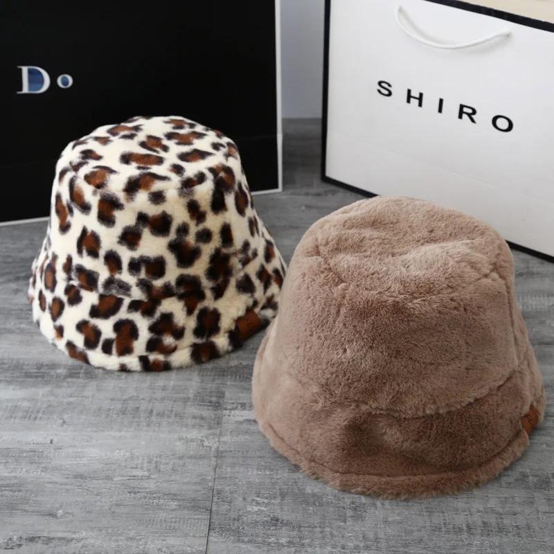 Hat Women Autumn and Winter Sweet and Cute Bucket Hcap Fashion Leopard Hat Plush Fisherman Hat Warm Thick Basin Hats
