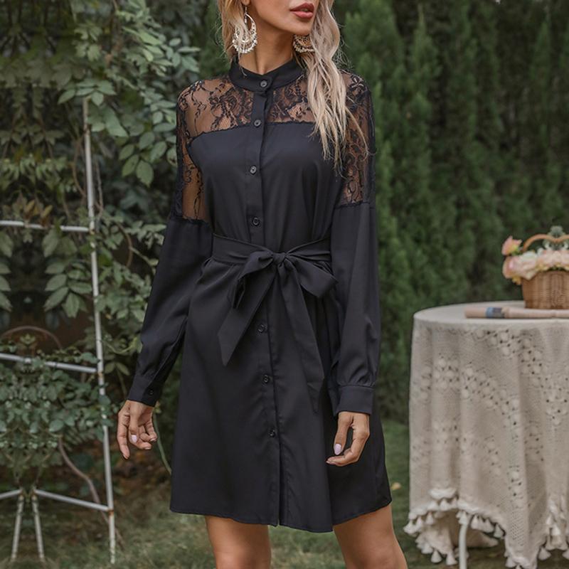 YYFS Vestidos casuales de cintura alta con cuello alto y manga larga con estampado de encaje vintage para mujer