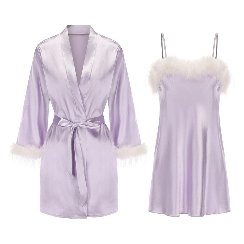 Women's Plus Size Feather Trim Cami Sleep Dress with Robe for Summer