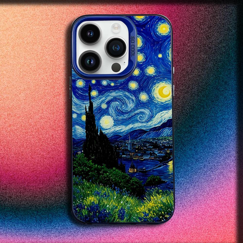 V-Van Gogh Starry Night Sunflower Cat Phone Case For iPhone 16,15,14,13,12,11,Mini,Pro,E,MAX Blue Matte Silicone Cover