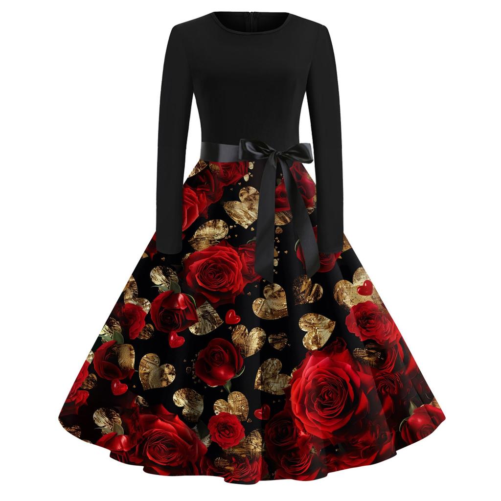 Women's Printed Round Neck Big Hem  Skirt Pleated Skirt Long Sleeved Dress Dress
