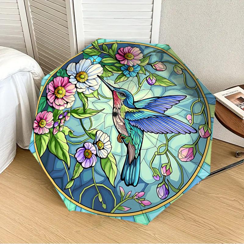 

1PC Hummingbird Stained Art Automatic 8-Bone Folding Umbrella - Durable Polyester & Iron Frame,Userfriendly Operation y250929134