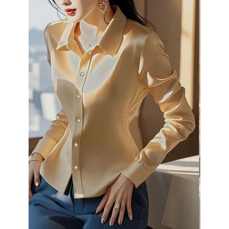 Champagne Satin Long-sleeved Shirt for Women Autumn New Style Light Luxury High-end Fashionable Top S