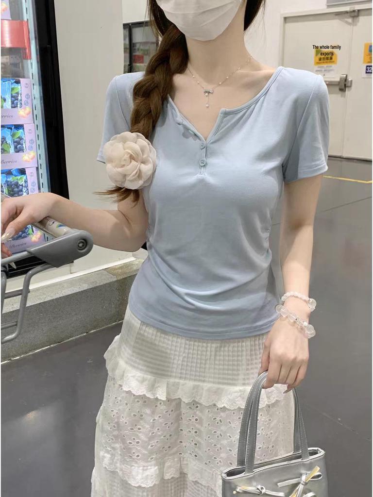Red Spicy Girl Cropped Top: Summer 2026 Slimming & Flattering Half-Open Collar T-Shirt