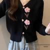 Women's Autumn Floral Embroidered Knit Cardigan with Slimming Fit and Straight Shoulder Design