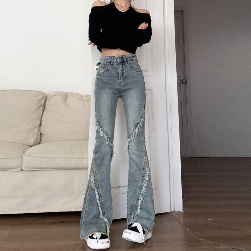 

Женские эластичные расклешенные джинсы с высокой талией - необработанный край, облегающий крой, ретро-ностальгический стиль, маленький размер L