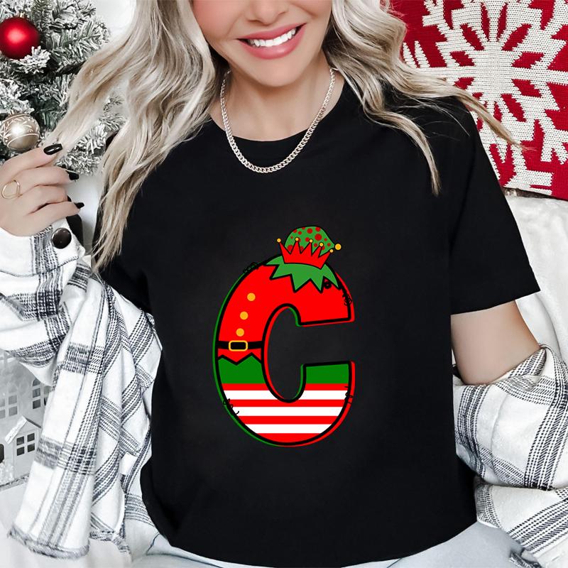 Womens Christmas Alphabet AZ Graphic Print Tshirt Holiday Casual Top with Santa Letters Perfect for Xmas Party Street Wear