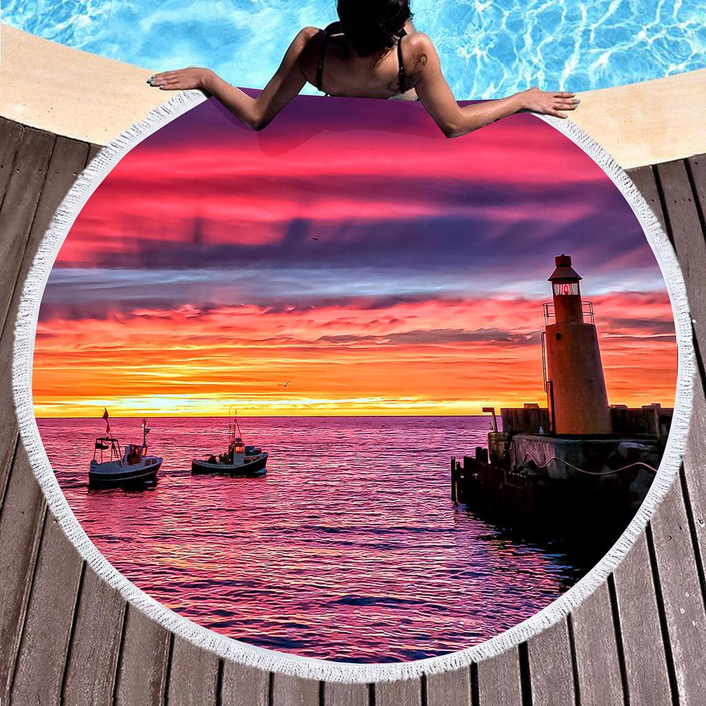 Lighthouse Print Round Beach Towel Sand Free Quick Dry Circle Bath Towel Absorbent Meditation Rug Yoga Mat Throw Fringe Tapestry