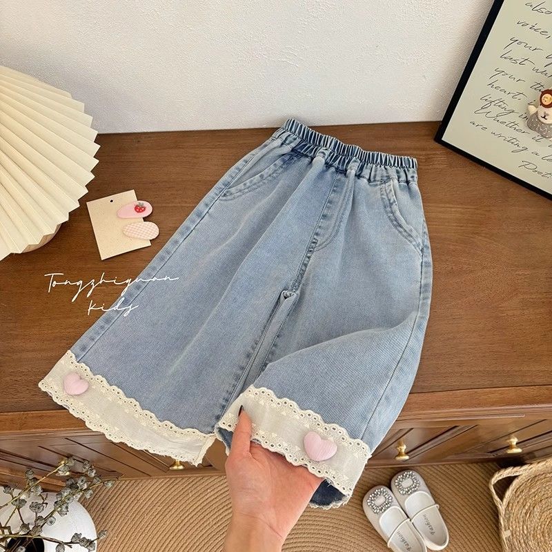 Girls Summer Thin Denim Capris Loose Wide Leg Jeans With Lace Trim Straight Cut Casual Pants For Kids