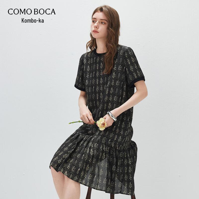 KOMON BOKA Mulberry Silk Patchwork Printed Short-Sleeve Dress L