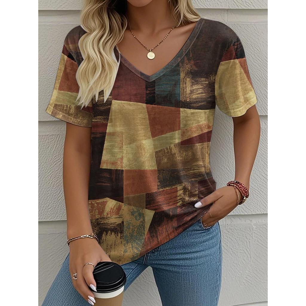 Summer V-neck Vintage 3D Printed Top Fashionable Casual Short Sleeved Women's T-shirts