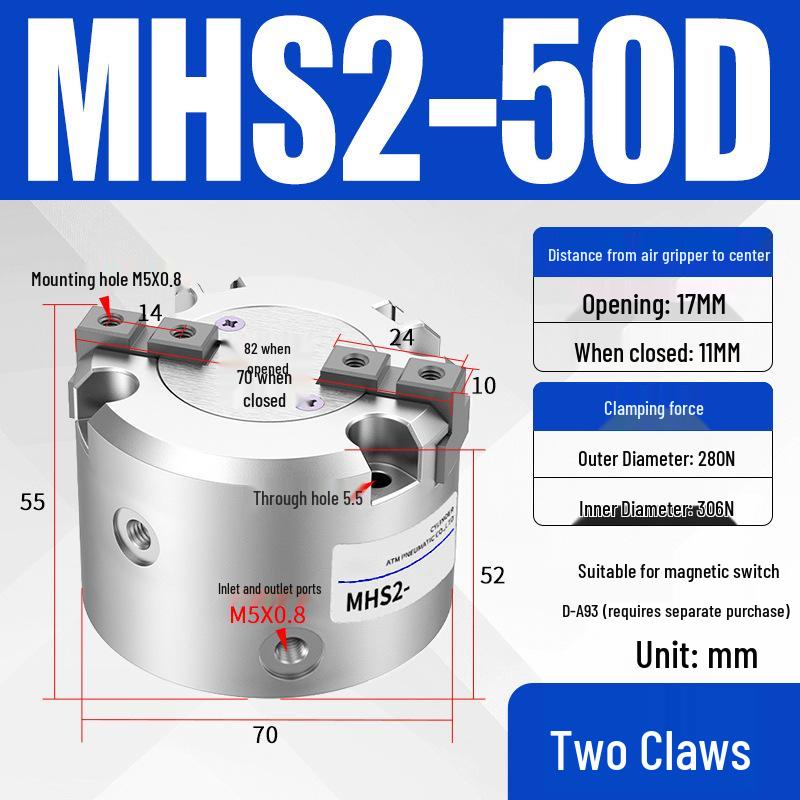 Pneumatic Gripper with Dual, Triple, and Quad Jaw Options: MHS2/3/4-16D/25D/40D/50/63D Clamping Cylinder