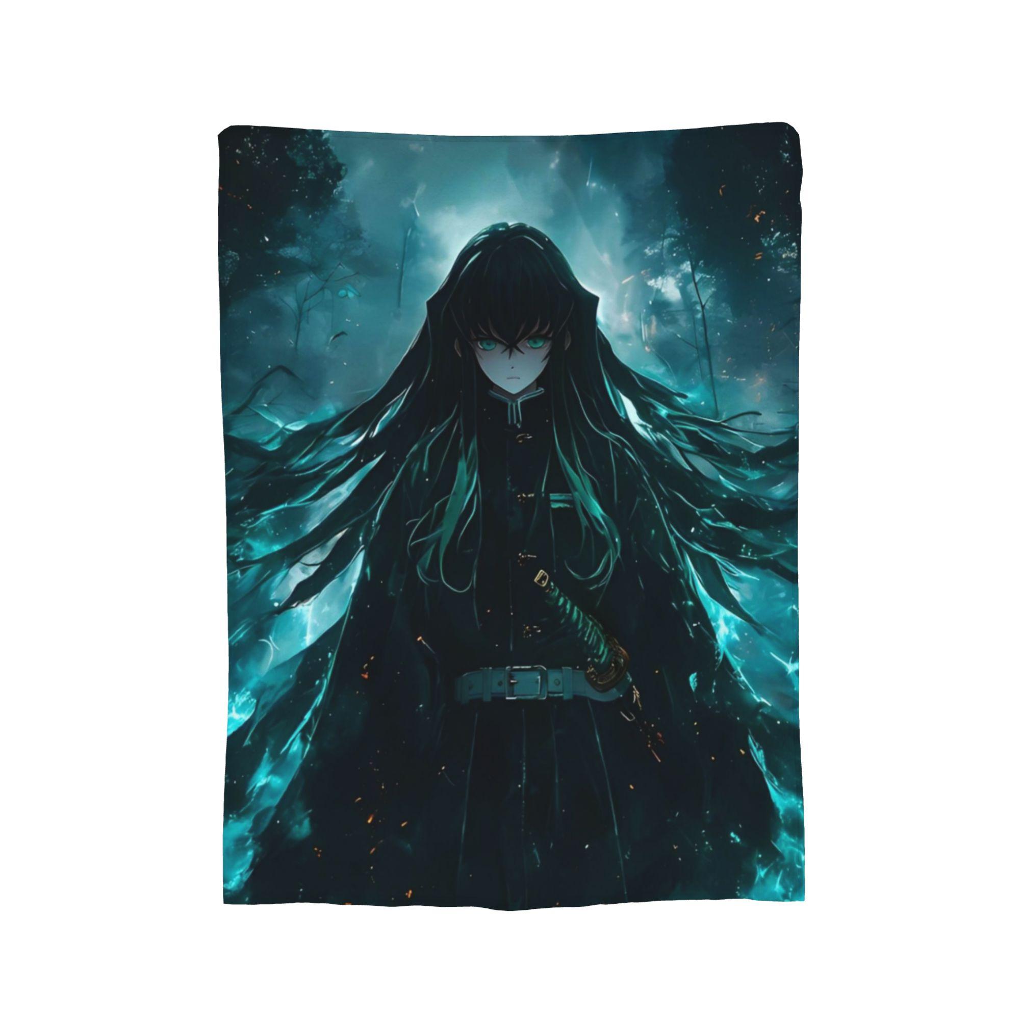 Muichiro Tokito Blue Design Flannel Throw blanket Anime blanket for Sofa Couch Lightweight Bed Rug, 75x90cm