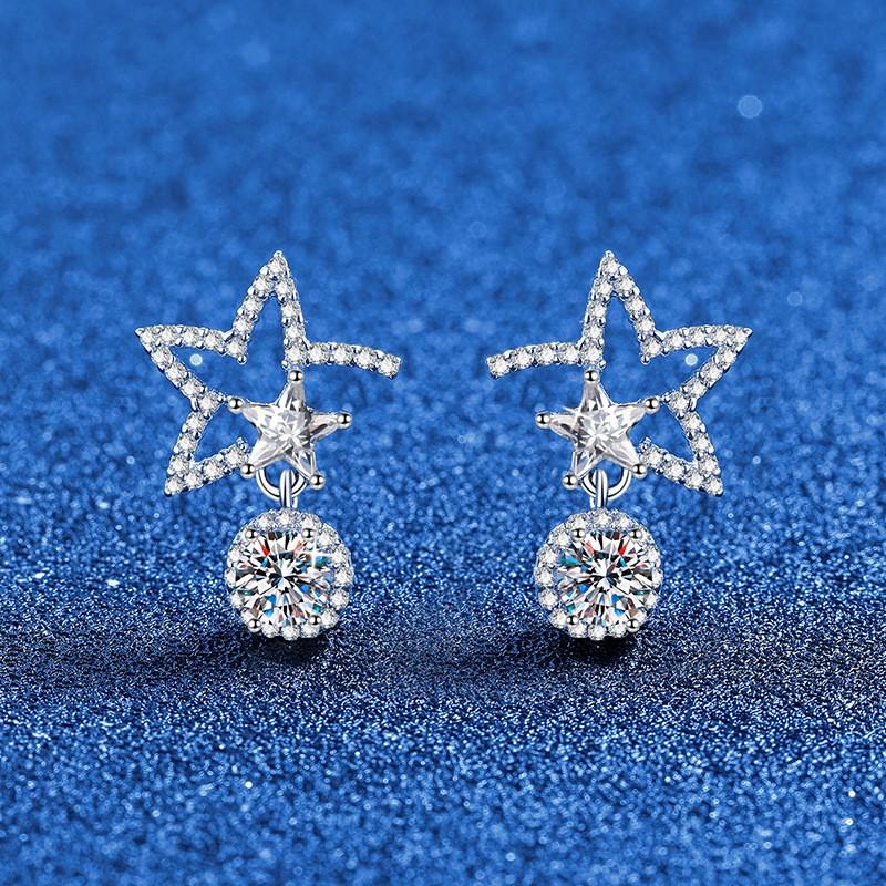 Sterling Hollow Star Stud Earrings With Moissanite Zircon Full Pave Women Daily Wear