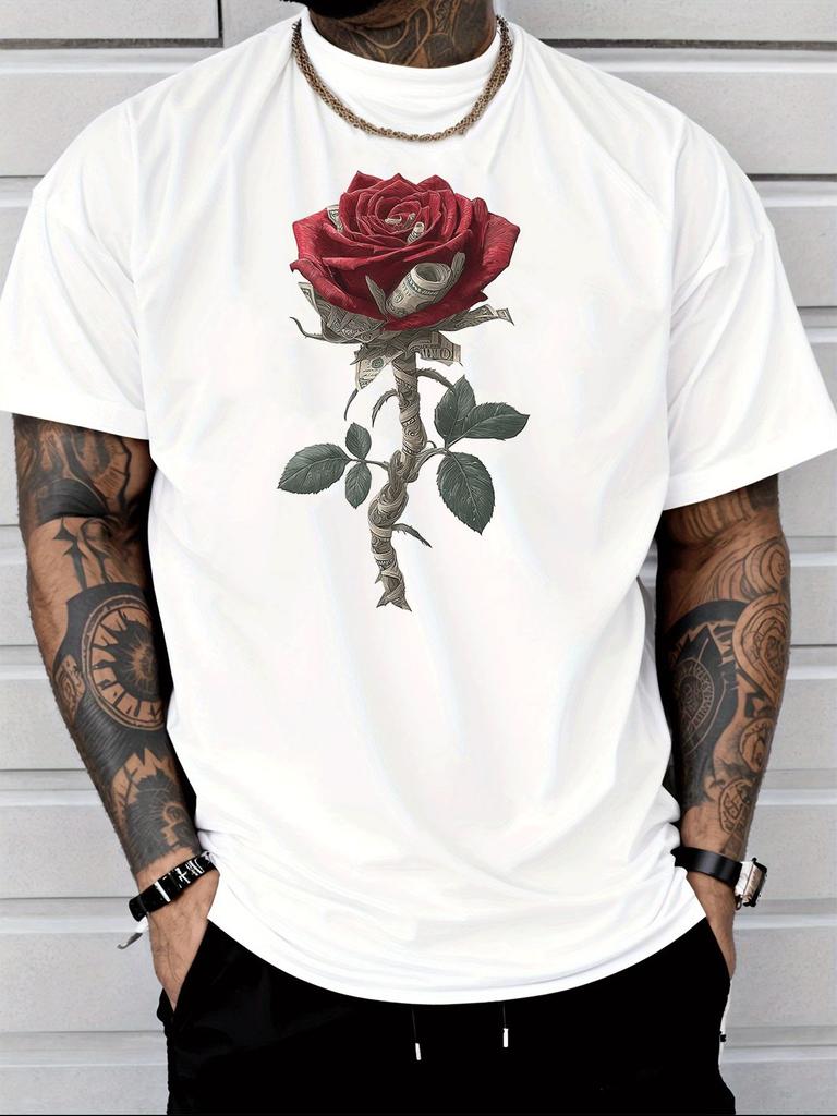 Unisex White Crew Neck Tee Dollar Rose Print Loose Oversized Short Sleeve Unisexs Streetwear Summer Casual Daily Basic Wear Top