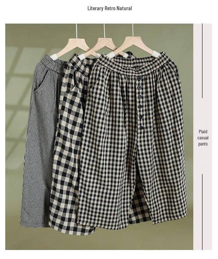 Women's Retro Plaid High-Waisted Wide-Leg Cropped Pants - Summer Lightweight Style