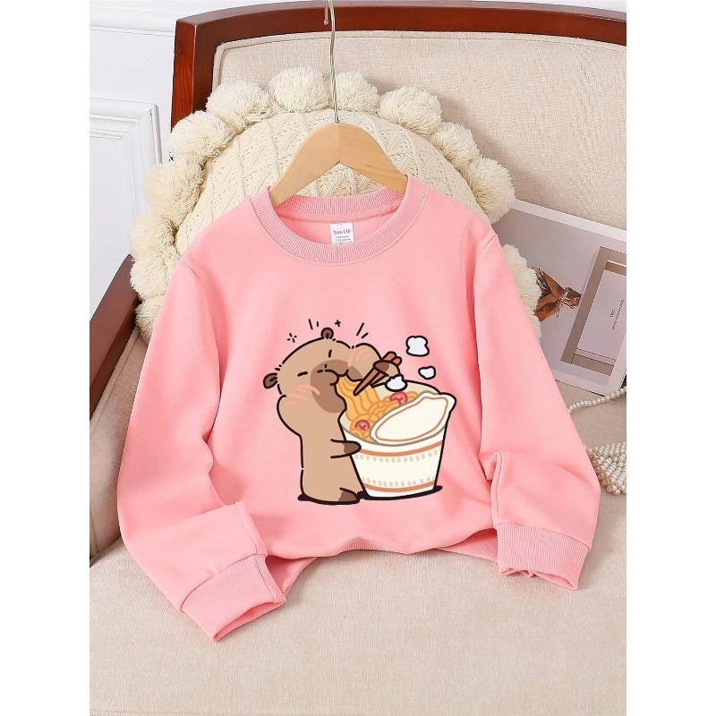 European sizes Crewneck Sweatshirt for Kids Featuring an Adorable Bear Enjoying Noodles with Chopsticks. Perfect for Sports And Casual Outings