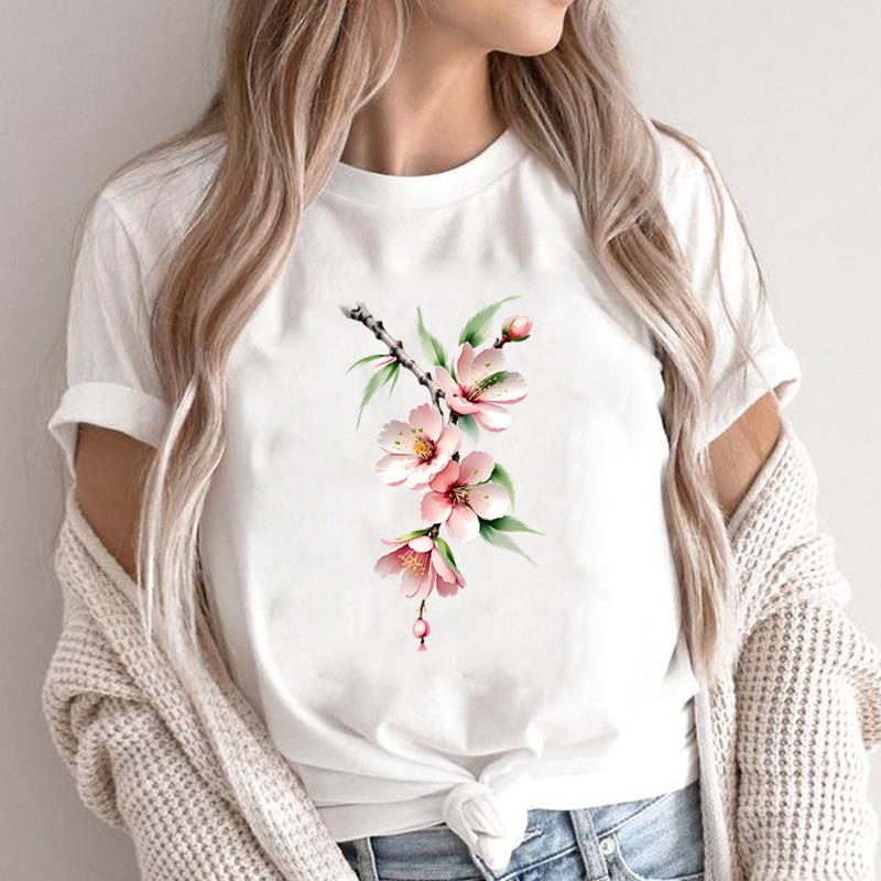 (Asian Size) lovely flower style 90s O-neck Short Sleeve T-shirts Print Casual Top T Graphic Tee Fashion Female Women's Clothing