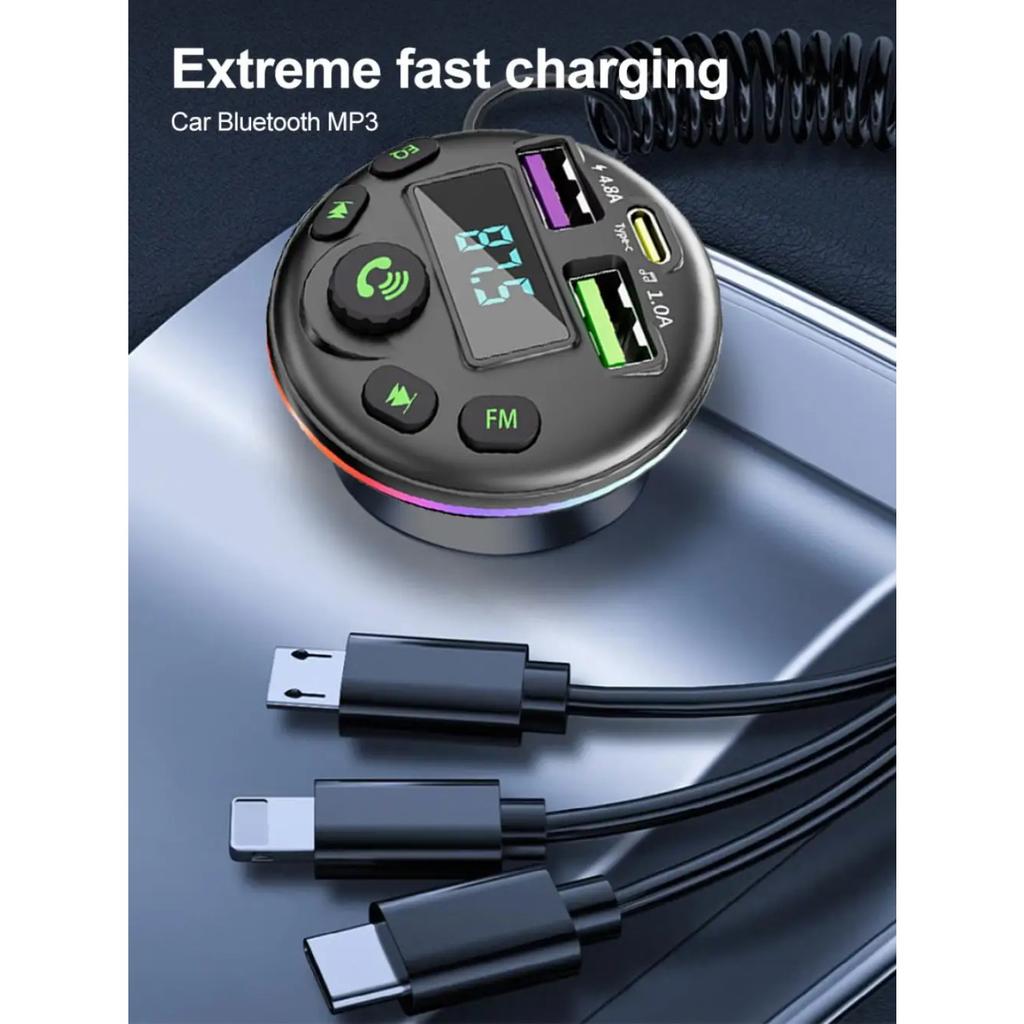 Transmisor FM Bluetooth 5.0 para coche, receptor de audio manos libres, modulador MP3 y reproductor con cable de carga 3 en 1 para iPhone, Huawei y Xiaomi.