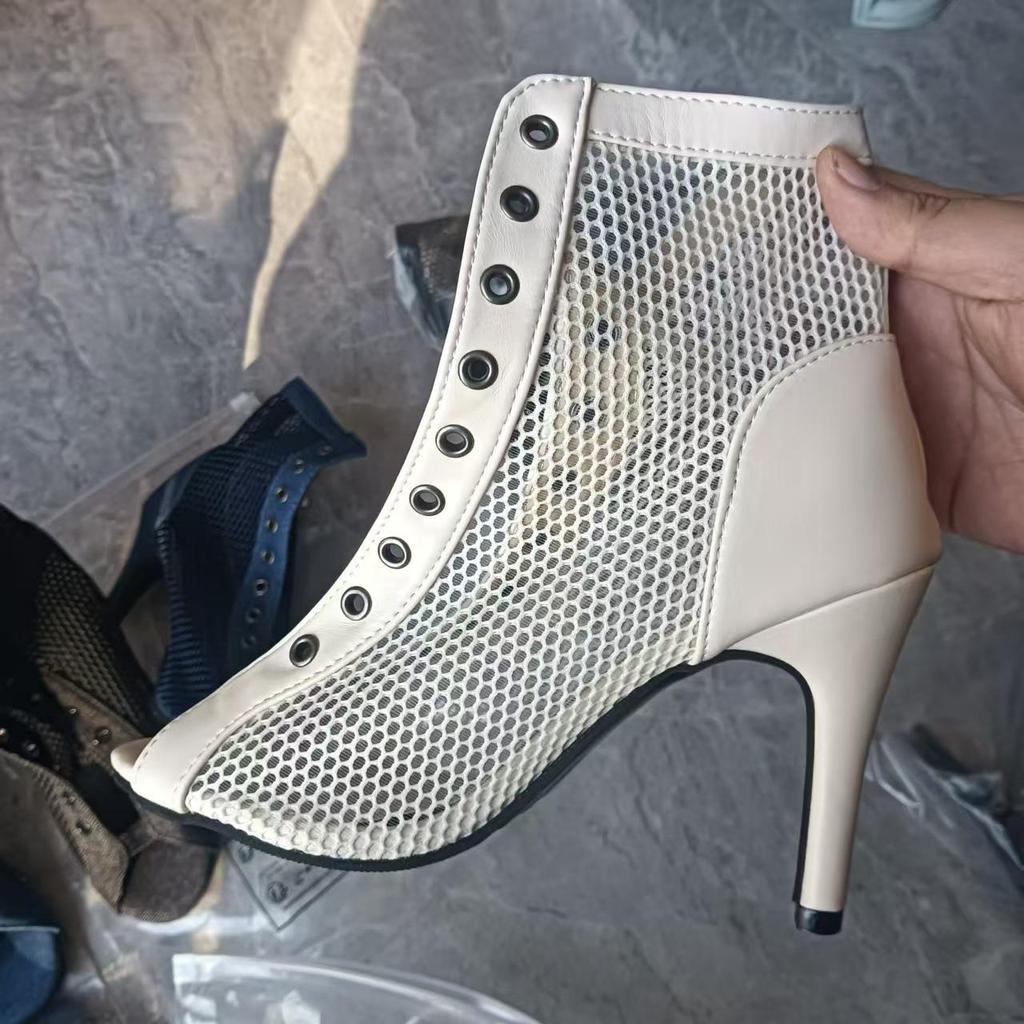 Sandale de damă cu toc înalt, cu șireturi, plasă peep-toe, mărimi mari, primăvară/vară 2024