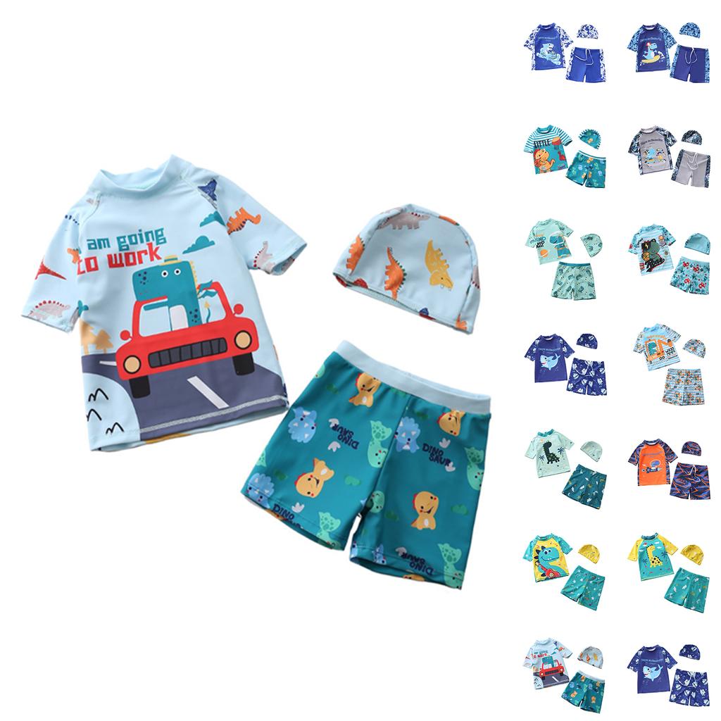 Boys Three Piece Swimsuit Set Short Sleeve Rash Guard Swim Shirt Swim Shorts and Swim Cap Cartoon Dinosaur Print Sun Protection Swimwear