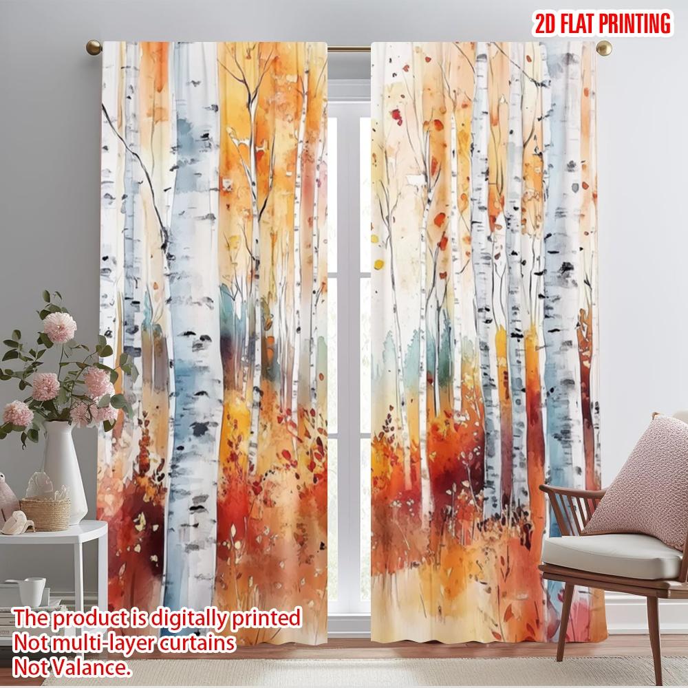 2pcs,2D plane printing Popular Curtain Panels Autumn Birchwoods Versatile Durable Polyester (without rod) Festive for Bedroom,