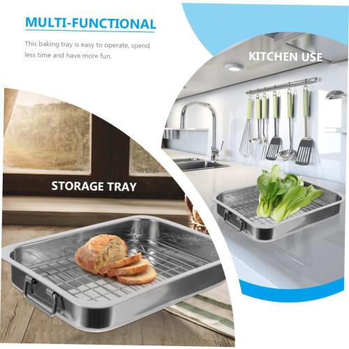 GRIRIW Stainless Steel Baking Tray with Rack, Oven Tray Set, Rectangular Kitchen Pan, Multifunctional Ovenware for Toaster, Baking, and Serving