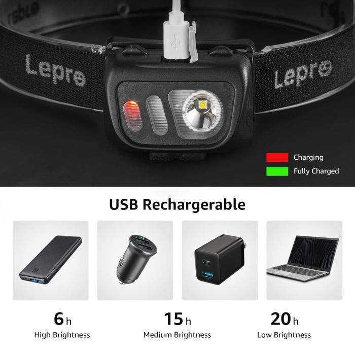Lampe frontale - lepro - pr320017-a-2 - led rechargeable - 5 modes - étanche ipx4