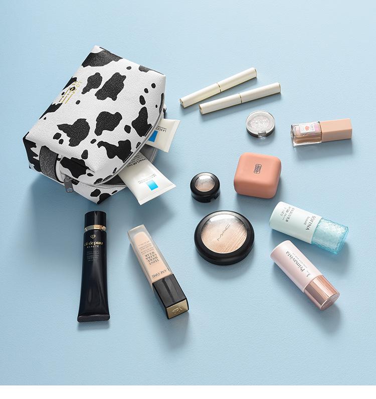 Cow Print Waterproof Cosmetic Travel Bag - Portable Skincare Organizer