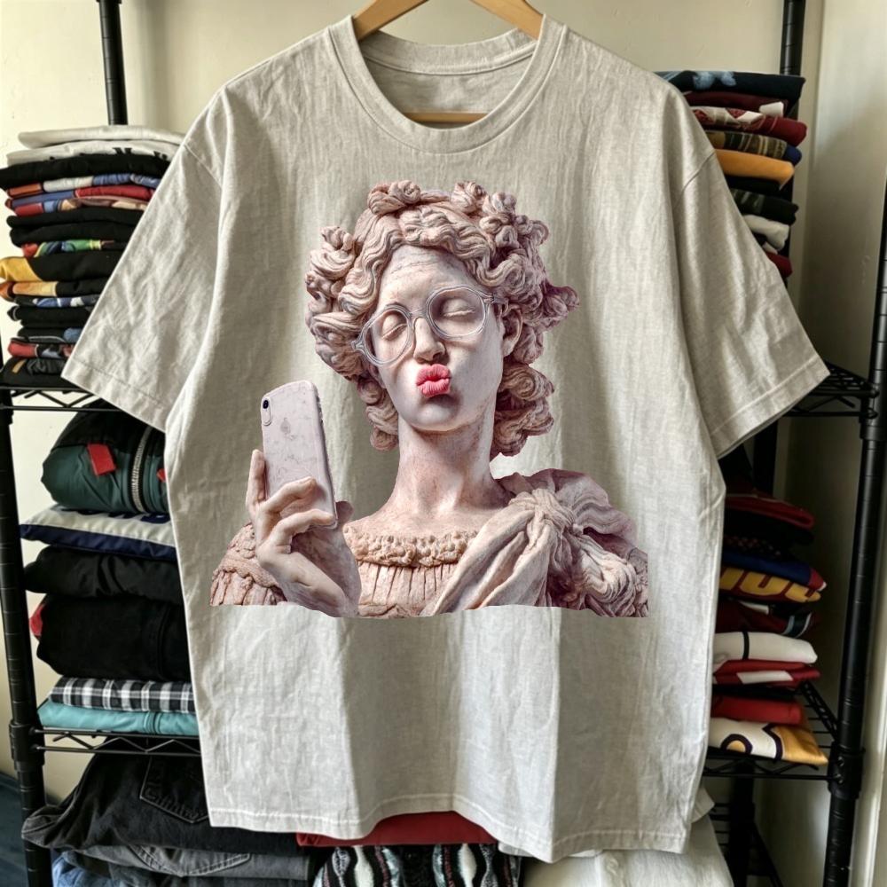 Artistic Statue Selfie Glasses Graphic White Tshirt Unisex Casual Top Creative Print Short Sleeve Tee Aesthetic Streetwear Style