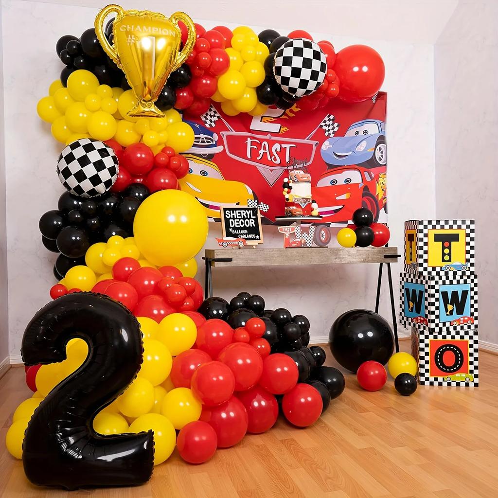 117pcs All-in-one Car Balloon Garland and Arch, Perfect for Lightning McQueen Racing Themed Birthday Parties and Themed Events