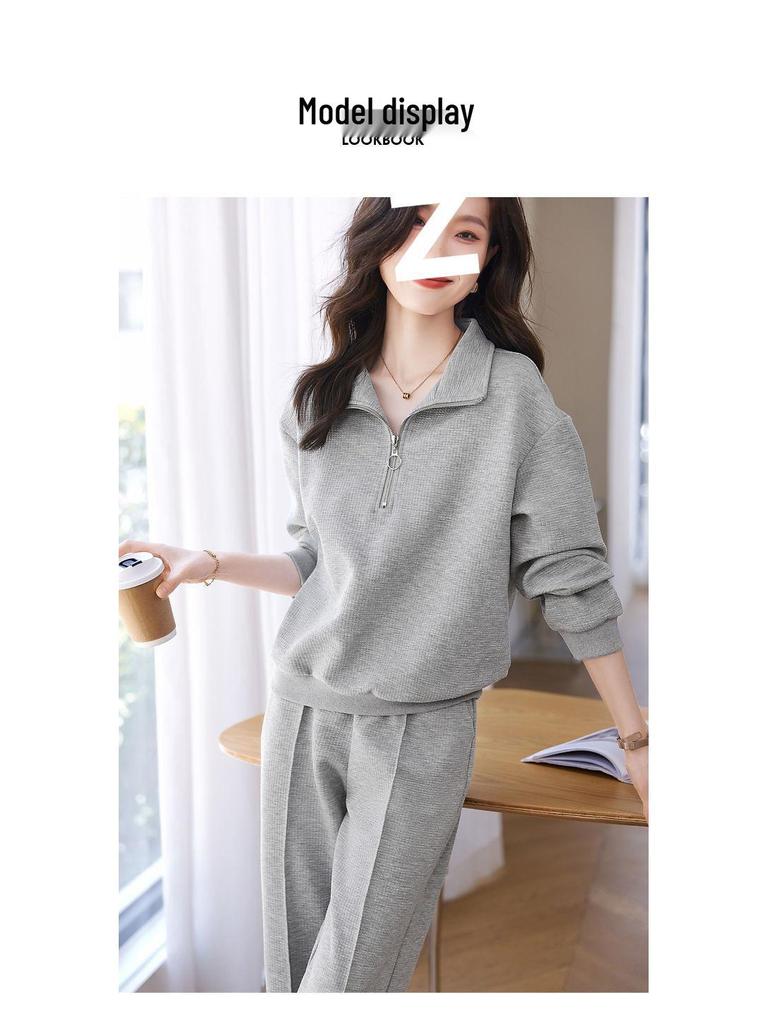 Women's Trendy Autumn Two-Piece Set: Elegant Collared Long-Sleeve Sweatshirt and Casual Pants