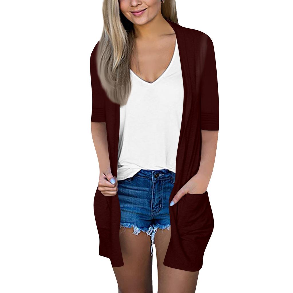 Damenmode, lockere, lässige Tasche, einfarbige Strickjacke, siebenteiliges Ärmel-Jackenoberteil