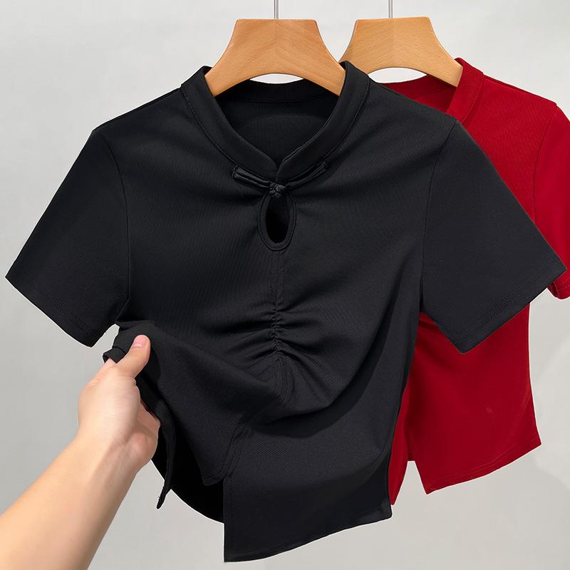 New Chinese Short-sleeved T-shirt for Women New Women's Stand-up Collar Button Hollow T-shirt Pleated Waist-hugging Short Top