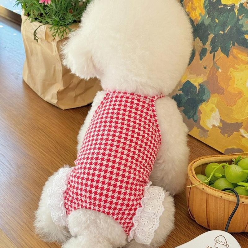 Cute Style Pet Belly Wrap Clothes Four Legged Checkered Printed Dog Clothing Breathable Jumpsuits for Cats
