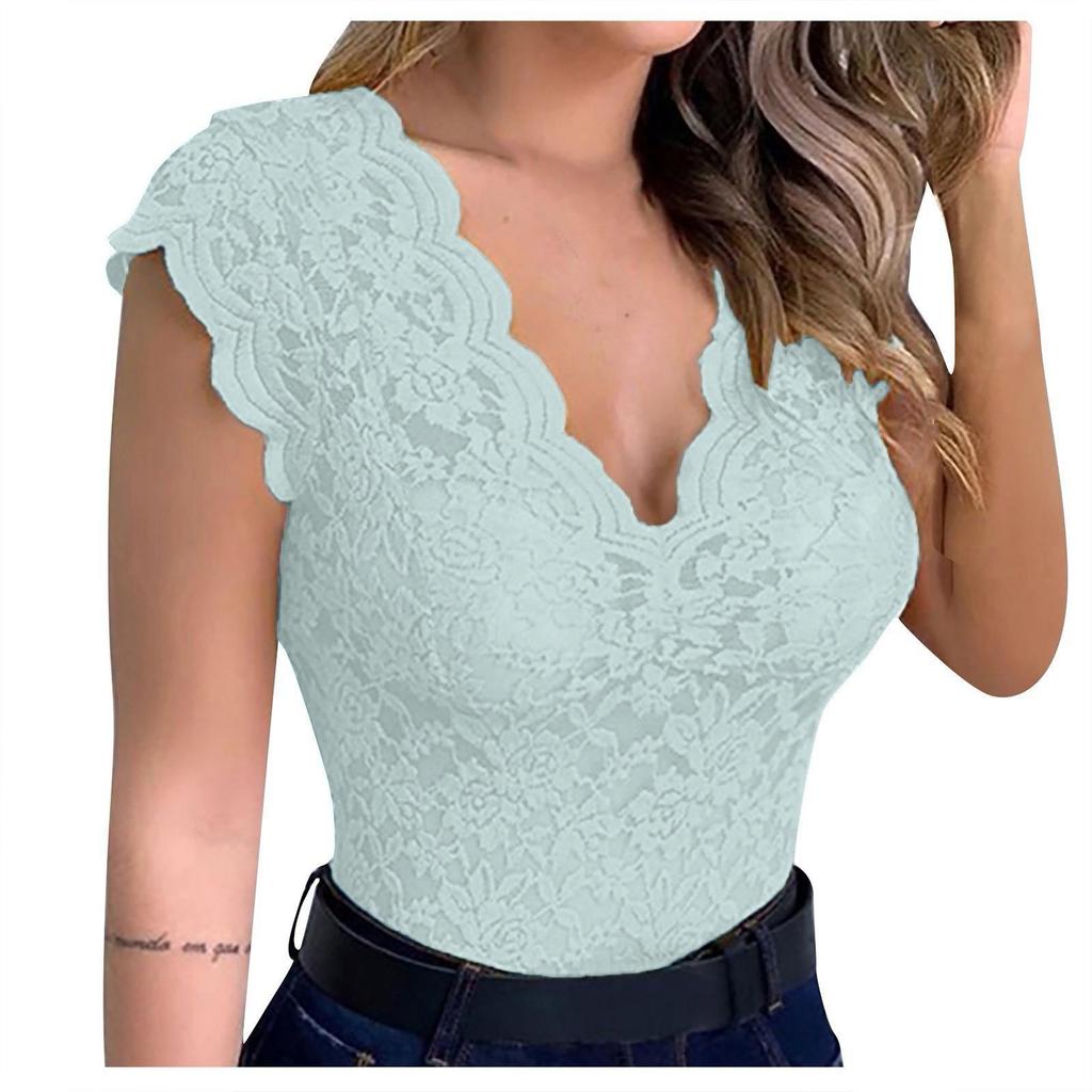 Elegantní dámský červený krajkový top s výstřihem do V a krátkým rukávem Květinový potisk Pružný a přiléhavý Módní top Krajkové detaily
