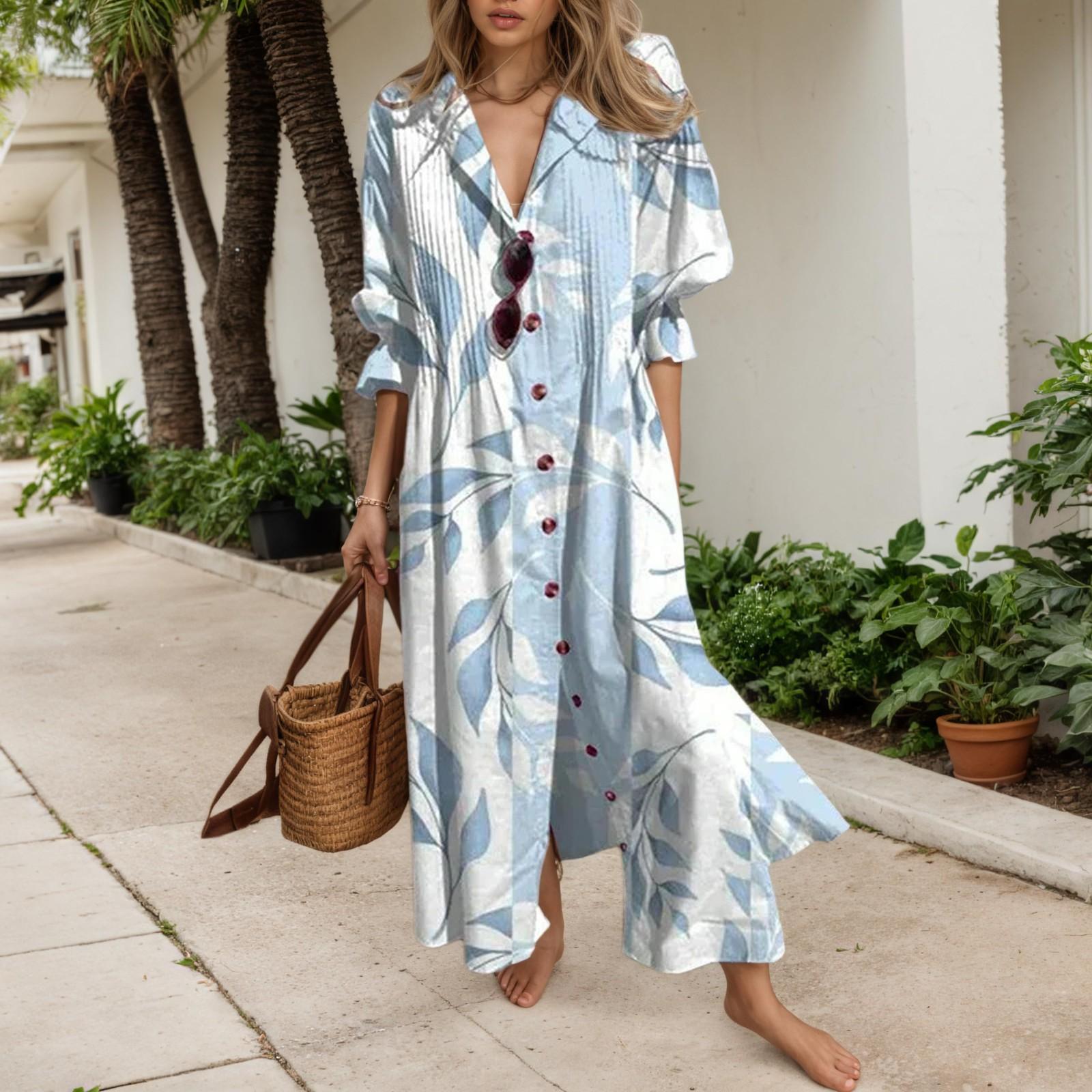 

Womens Long Sleeve Button Down Maxi Dress Floral Printed Shirt Dresses Long Flowy Summer Dress S