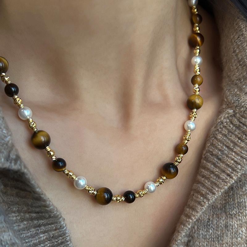 Maillard autumn and winter tiger's eye stone pearl necklace retro elegant and versatile personality neck chain collarbone chain