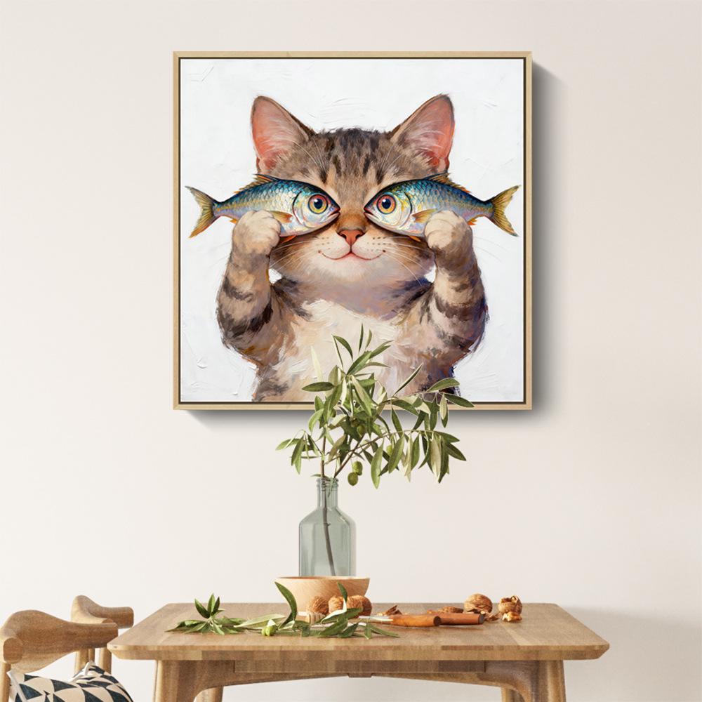 Modern Minimalist Kitten Cartoon Decorative Canvas for Living Room & Restaurant Wall Hanging