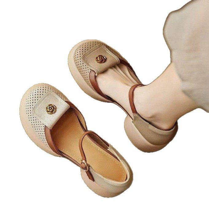 Thick-soled hollowed-out bag head sandals women's muffin breathable Roman shoes 2025 summer new skirt one-button high heels