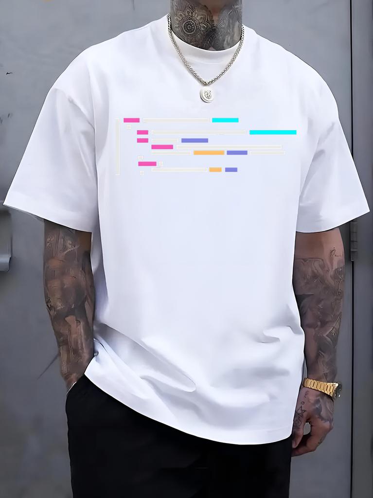 Unisex Black Cotton Crew Neck Tee Minimal Color Code Block Lines Graphic Loose Short Sleeve Developer Programmer Casual Daily Tops