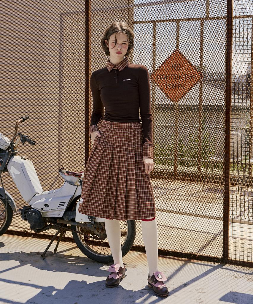 Candini Brown (Pink Check) Check Midi Pleated Skirt