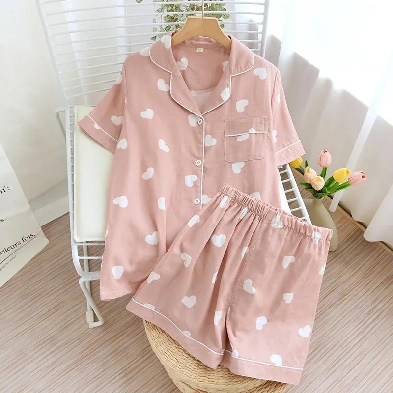 New 100% Cotton Short-sleeved Shorts Ladies Pajamas Set Cute Cartoon Pajamas Japanese Simple Short Pajamas Women Sleepwear