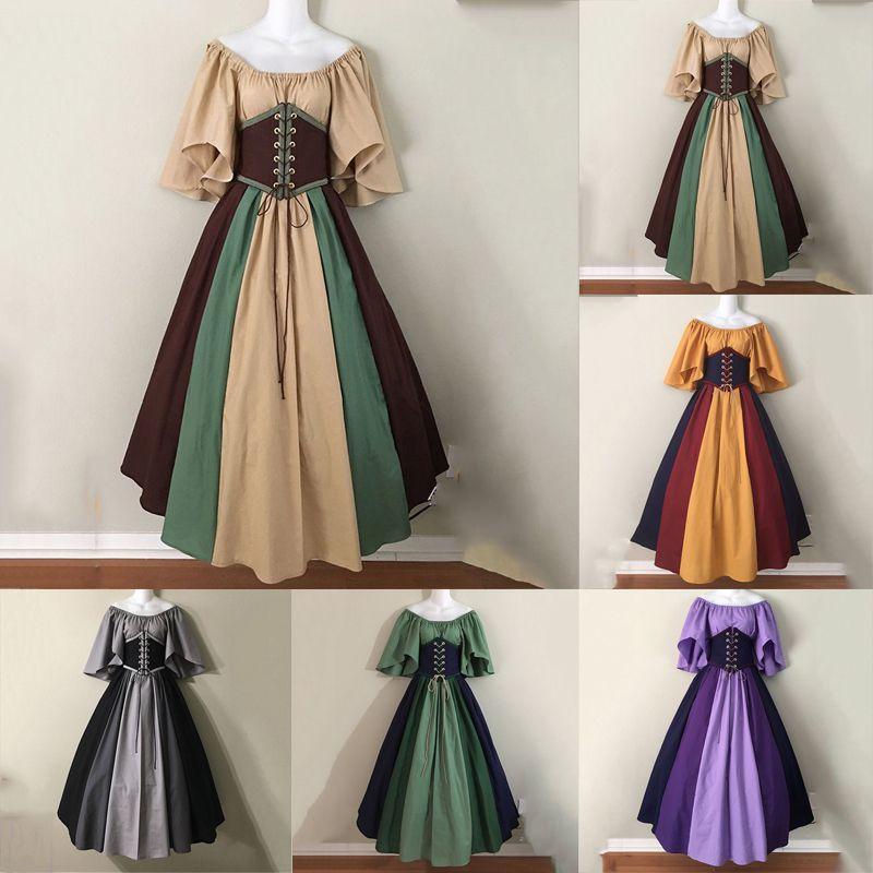 Halloween Women Medieval Fancy Cosplay Costume Stitching Lace Up Maxi Dress