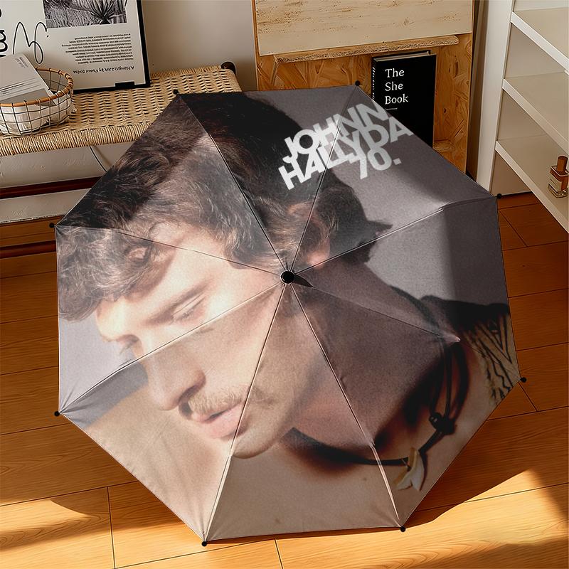 1pc French rock legend Johnny Hallyday Umbrella Portable Folding Umbrella Iron Frame Hole Bone Structure Outdoor Home Umbrella